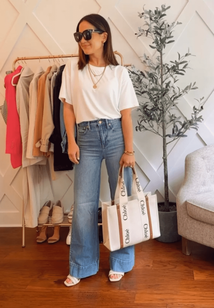 white tee and jcrew trouser jeans for a polished look
