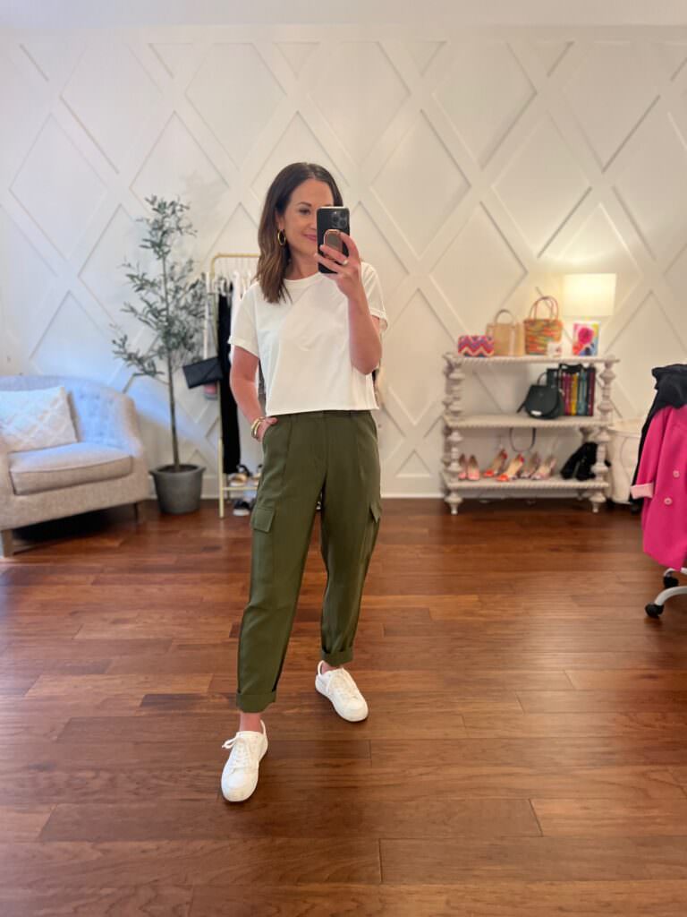 Different outfits with green cargo pants and white tee.