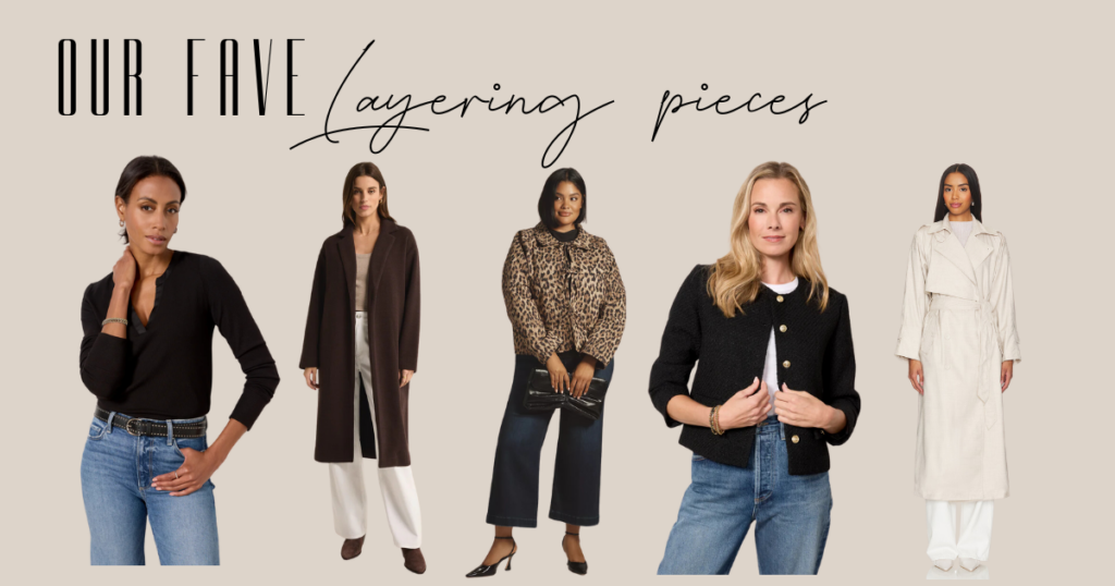 Favorite layering pieces graphic, including a basic long sleeve tee, trench coat, cheetah print jacket, black elevated cardigan, and a cream trench coat showing fashion ideas for women over 40