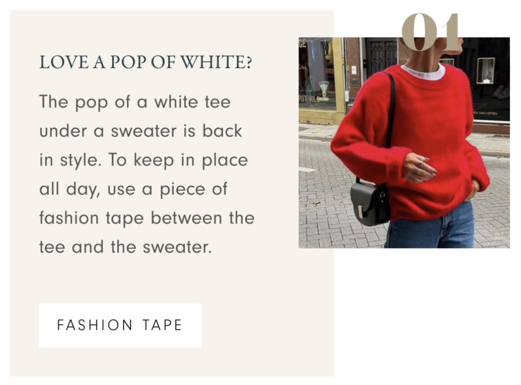 Pop of a white tee under a sweater for fall and winter fashion ideas for women over 40