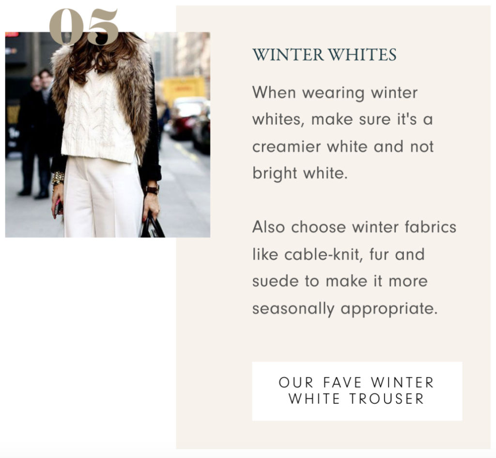 Winter whites - fashion tip for women over 40. Choose cream colored whites and winter fabrics to layer like cable-knit and fur.