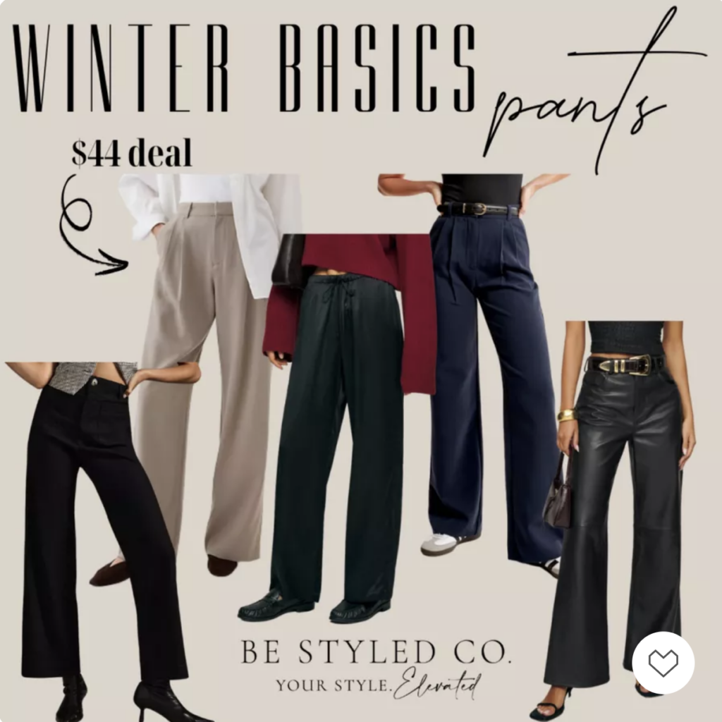 Collage of winter appropriate pants for women: denim, jeans, trousers, work pants, leather pants, wide-leg pants