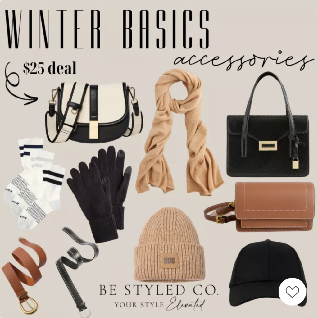 collage of winter accessories: purse, beanie, scarves, boot socks, gloves, belts, and more